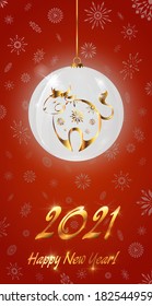Merry Christmas and Happy New Year greeting card with Christmas tree toy and golden text. Design for greeting card, invitation, calendar.