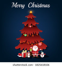 
Merry Christmas and Happy New Year greeting card with the participation of Santa Claus, snowman, christmas tree and cute penguin. 
For posters, banners, sales and other winter events.