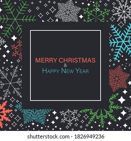Merry Christmas. Happy New Year. Festive postcard. Winter background. Dark background. Winter holiday theme. Happy Holidays. Vector illustration. 