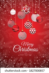 Merry Christmas and Happy New Year Holiday white banner illustration. Xmas design with realistic vector 3d objects, golden christmass ball, snowflake, glitter gold confetti.