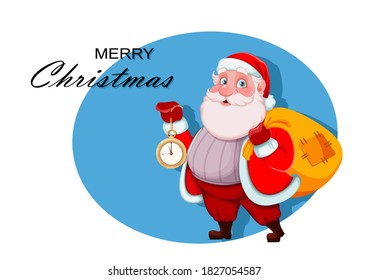 Merry Christmas and Happy New Year greeting card. Cheerful Santa Claus holding clock and sack with presents. Cute cartoon character Santa. Vector illustration