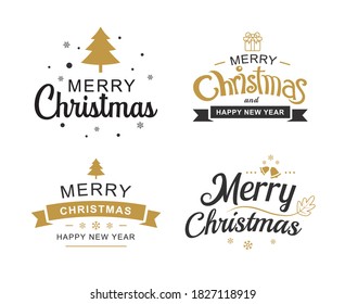 Merry christmas and happy new year typography label with symbols design set. Use for invitation, postcard, poster, greeting card.
