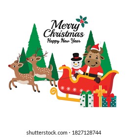 Merry Christmas and happy new year greeting card. 2021 Ox zodiac.