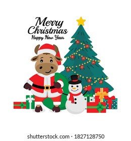 Merry Christmas and happy new year greeting card. 2021 Ox zodiac.