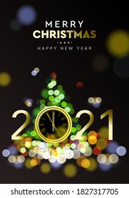 Merry Christmas and Happy New Year 2021 - Shining background with gold clock and Christmas tree sparkle blur bokeh effect, vector illustration