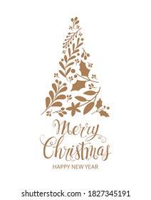 Merry Christmas and Happy New Year. Greeting card with Christmas tree. Vector illustration