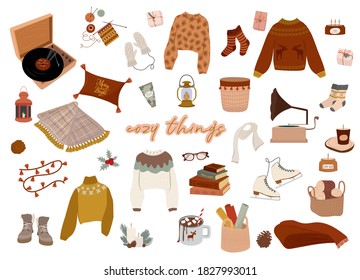 Merry Christmas or Happy New Year cute elements. Winter holidays element in Scandinavian style. Cozy hygge home decor elements. Editable vector illustration.