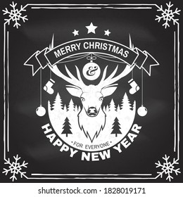 Merry Christmas and Happy New Year stamp, sticker set with elk, forest landscape, hanging christmas ball. Vector illustration. Vintage typography design for xmas, new year emblem in retro style.