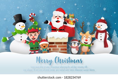 Merry Christmas and Happy New Year, Christmas party with Santa Claus and friends on a chimney