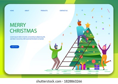 Merry Christmas and Happy New Year templates. Joyful man decorate the Christmas tree with balls and a star. Trendy flat style.
