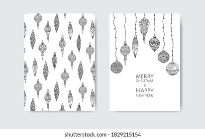 Merry Christmas and Happy New Year. Vintage Christmas vector illustration with xmas toys