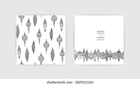 Merry Christmas and Happy New Year. Vintage Christmas vector illustration with xmas toys