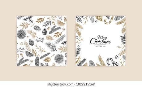 Merry Christmas and Happy New Year. Vintage Christmas vector illustration with xmas toys