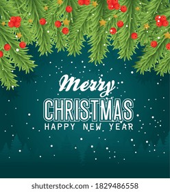 merry christmas happy new year with berries and leaves design, winter season and decoration theme Vector illustration