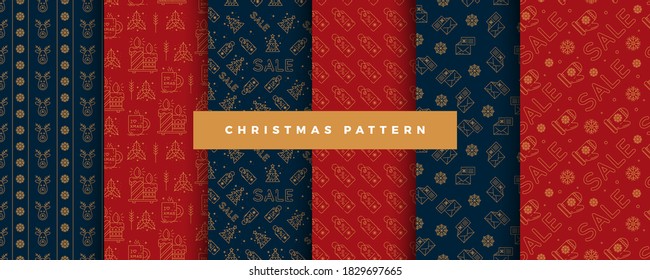 Merry Christmas and Happy New Year! Set of winter holiday backgrounds. Collection of seamless patterns with outline icons. Vector illustration.