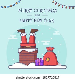 Merry Christmas and Happy New Year card. Santa Claus in the chimney. Vector illustration in flat style.