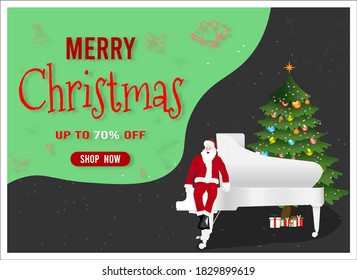 Merry Christmas and Happy New Year sale banner with the participation of Santa Claus, christmas tree and seasonal elements. 
For posters, banners, sales and other winter events. Vector illustration