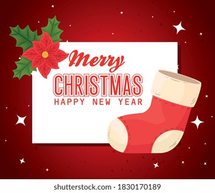 merry christmas happy new year boot and flower design, winter season and decoration theme Vector illustration