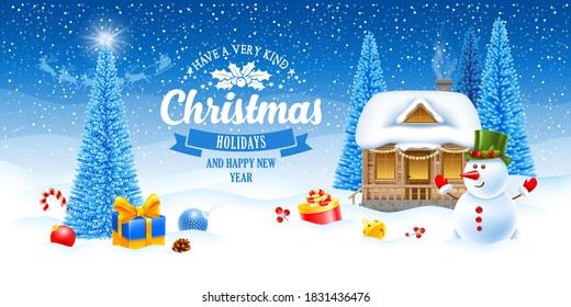 Merry Christmas and Happy New Year. Festive design with greeting text, fluffy Christmas trees, snowman, gifts and decorations in the snow on winter countryside blue background. Vector illustration.
