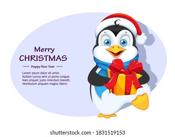 Merry Christmas and Happy New Year greeting card with cute penguin holding gift box. Funny penguin cartoon character. Vector illustration