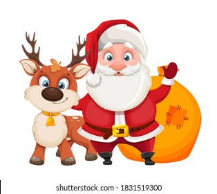 Merry Christmas and Happy New Year. Cheerful Santa Claus standing with cute deer. Vector illustration on white background