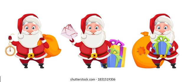 Merry Christmas and Happy New Year. Cheerful Santa Claus cartoon character, set of three poses. Santa holding clock, preparing presents for kids and holding gift box. Vector illustration