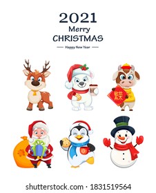 Merry Christmas and Happy New Year. Cute cartoon characters for holidays. Polar bear, Snowman, Bull, Penguin, Santa Claus and Deer. Lettering translates as Prosperity. Vector illustration