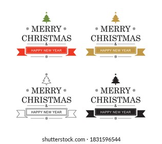 Merry christmas and happy new year typography label with symbols design set. Use for invitation, postcard, poster, greeting card.