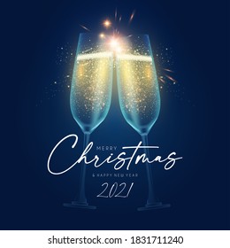 Merry Christmas and Happy New Year background with champagne glasses, lights and bokeh effect.