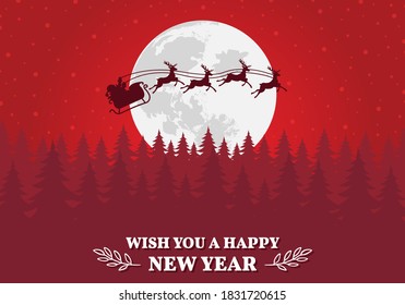 Merry Christmas and Happy New Year, Santa Claus in sleigh, Christmas landscape vector, background with moon and the silhouette of Santa Claus, Christmas scene with fir trees background.