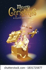 Merry Christmas, happy new year, calligraphy, Golden fantasy , vector illustration.