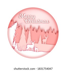 Merry Christmas and Happy New Year vector postcard with winter landscape, reindeer outline, pine trees. Holiday circle illustration with forest silhouette. Paper cut winter landscape in pink colors.