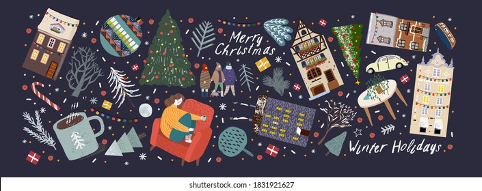 Merry Christmas and Happy New Year! Vector illustrations of cute winter objects: house, car, people, tree, Christmas ball, Christmas tree, snow, interior items, coffee cup, bus. 