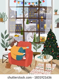 Merry Christmas And Happy New Year! Cute Winter Vector Illustration Of A Cozy Living Room Interior, A Woman With Tea In An Armchair, A Window With A City Street, Plants, A Garland And A Christmas Tree