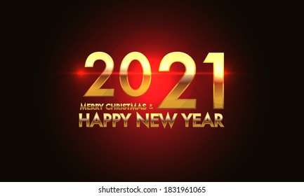 Merry Christmas & Happy New Year 2021 gold number and text on red light effect black background design for holiday festival celebration count down vector illustration.