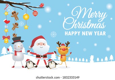 Merry Christmas and happy new year greeting card with cute Santa Claus holding hand with deer and snowman cartoon character in Christmas snow scene winter banner, Xmas holiday concept  background