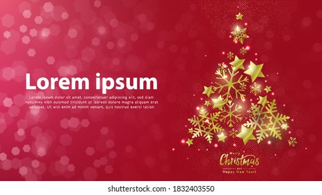 Merry Christmas and Happy new year banner template. Golden snowflake Christmas tree silhouette on red bokeh background. Vector illustration