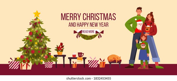 Merry Christmas and Happy New Year landing page design with decorated x-mas tree, happy family. Holiday interior background with presents, cat. Traditional Christmas interior banner with characters