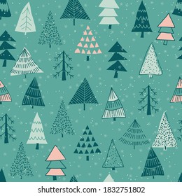 Merry Christmas, Happy New Year seamless pattern with Christmas trees for greeting cards, wrapping paper. Doodles. Seamless winter pattern on green background. Vector illustration.