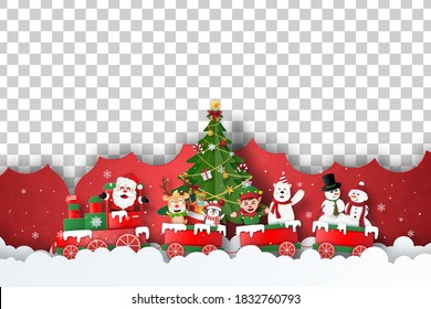 Merry Christmas And Happy New Year, Christmas Postcard Cover Of Santa Claus And Friends On Christmas Train, Blank Space For Your Text Or Photo