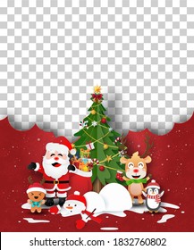 Merry Christmas and Happy New Year, Christmas postcard of Christmas tree with Santa Claus and friends, Blank space for your text or photo