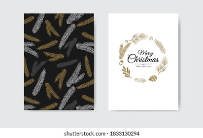 Merry Christmas and Happy New Year. Vintage Christmas vector illustration with xmas toys