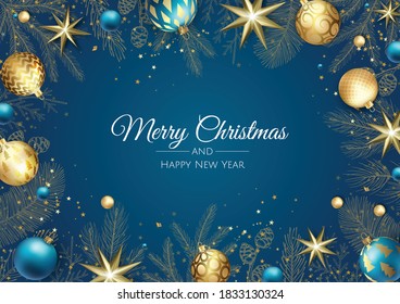 Merry Christmas and Happy New Year. Xmas background with stars, Snowflakes, star and balls design.