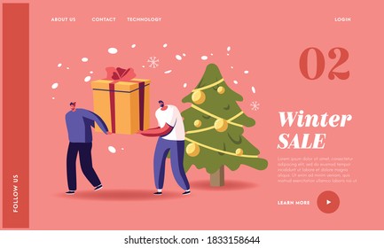 Merry Christmas and Happy New Year Presents and Wishes Landing Page Template. Tiny Male Characters Pull Huge Gifts Box at Decorated Fir Tree. Winter Season Holidays. Cartoon People Vector Illustration