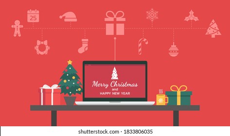 Merry Christmas and happy new year lettering on the laptop with Christmas icon and decorate with gifts, candy, cup, and Christmas tree on the table, flat vector illustration