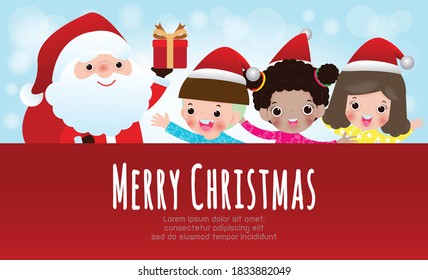 Merry Christmas and Happy new year poster, cheerful group of children wearing christmas hats and santa claus with big sign board in Christmas snow scene winter banner, Xmas holiday party concept 