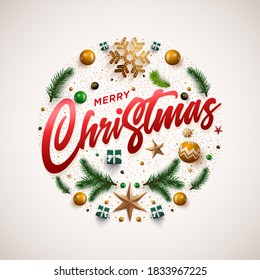 Merry Christmas and happy new year greeting card. Christmas wreath design with festive Christmas decoration ornaments and objects. Vector illustration.