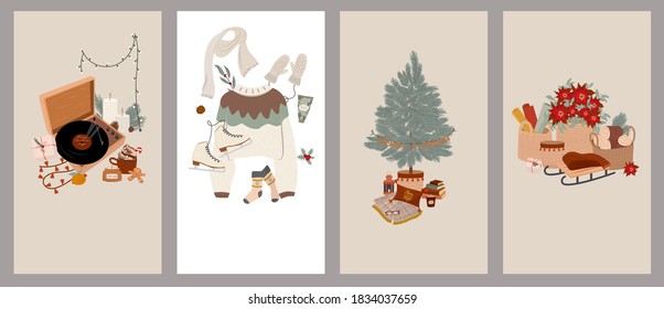 Merry Christmas or Happy New Year vertical background for social media or mobile app template. Holidays winter elements in Scandinavian style.  Editable Vector illustration