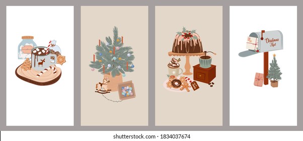 Merry Christmas or Happy New Year vertical background for social media or mobile app template. Holidays winter elements in Scandinavian style.  Editable Vector illustration
