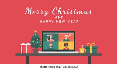 Merry Christmas and happy new year lettering banner concept, people meeting together online via video calling on laptop, working place and desk, flat vector illustration